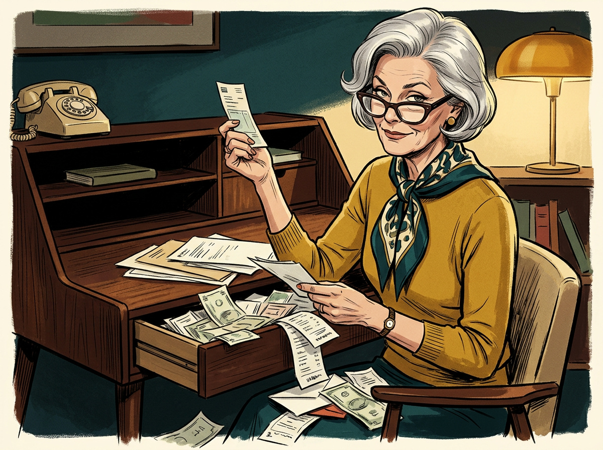 Retro illustration of an older woman reviewing a pile of monthly bills at her desk with a skeptical expression.