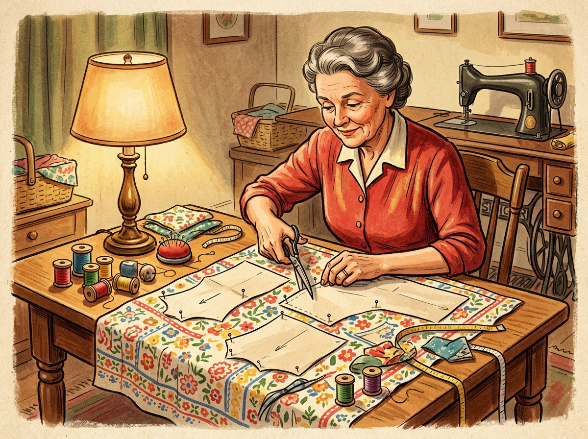 Vintage illustration of an older woman sewing a dress from a printed flour sack fabric at a wooden worktable.