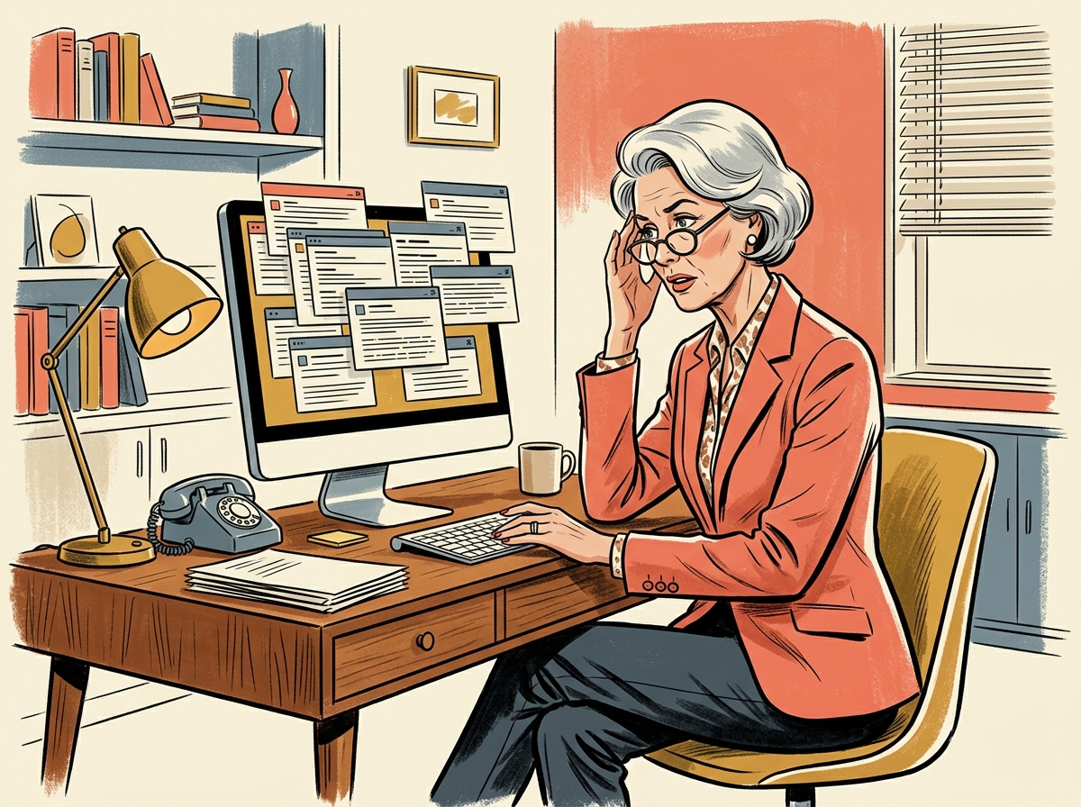 A retro illustration of an older woman looking frustrated at an overflowing email inbox on her computer screen
