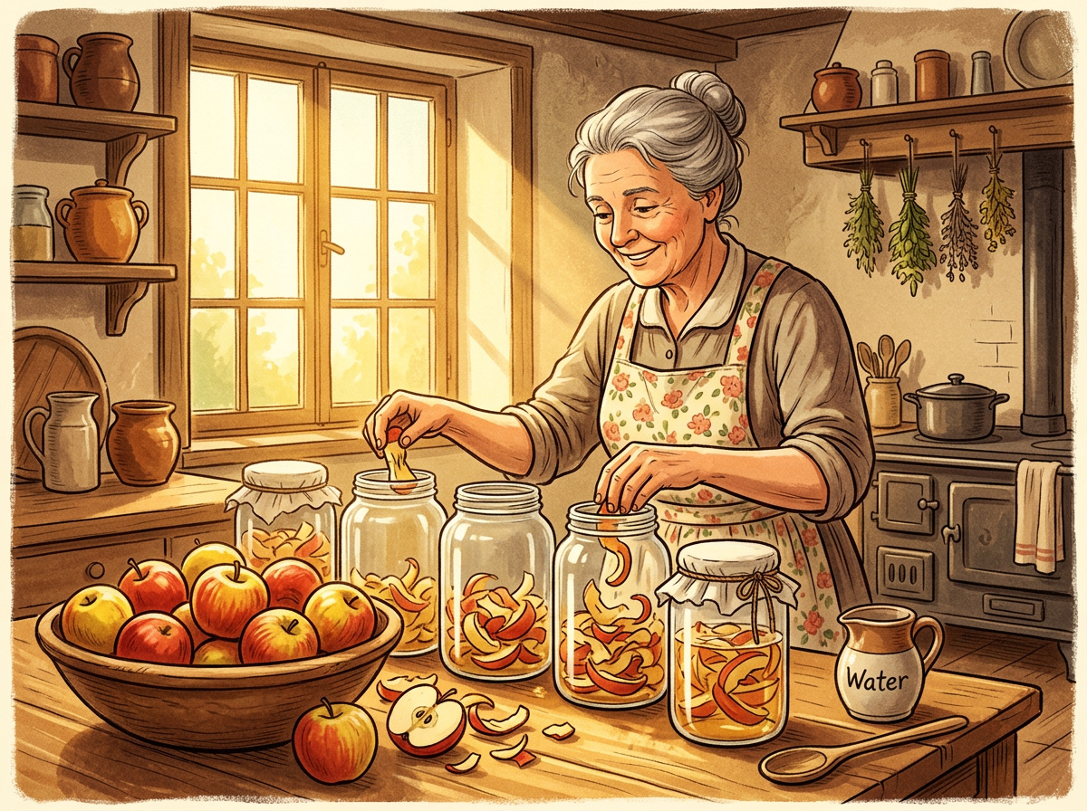 Vintage illustration of an older woman putting apple scraps into glass jars to make homemade apple cider vinegar in a warm kitchen.