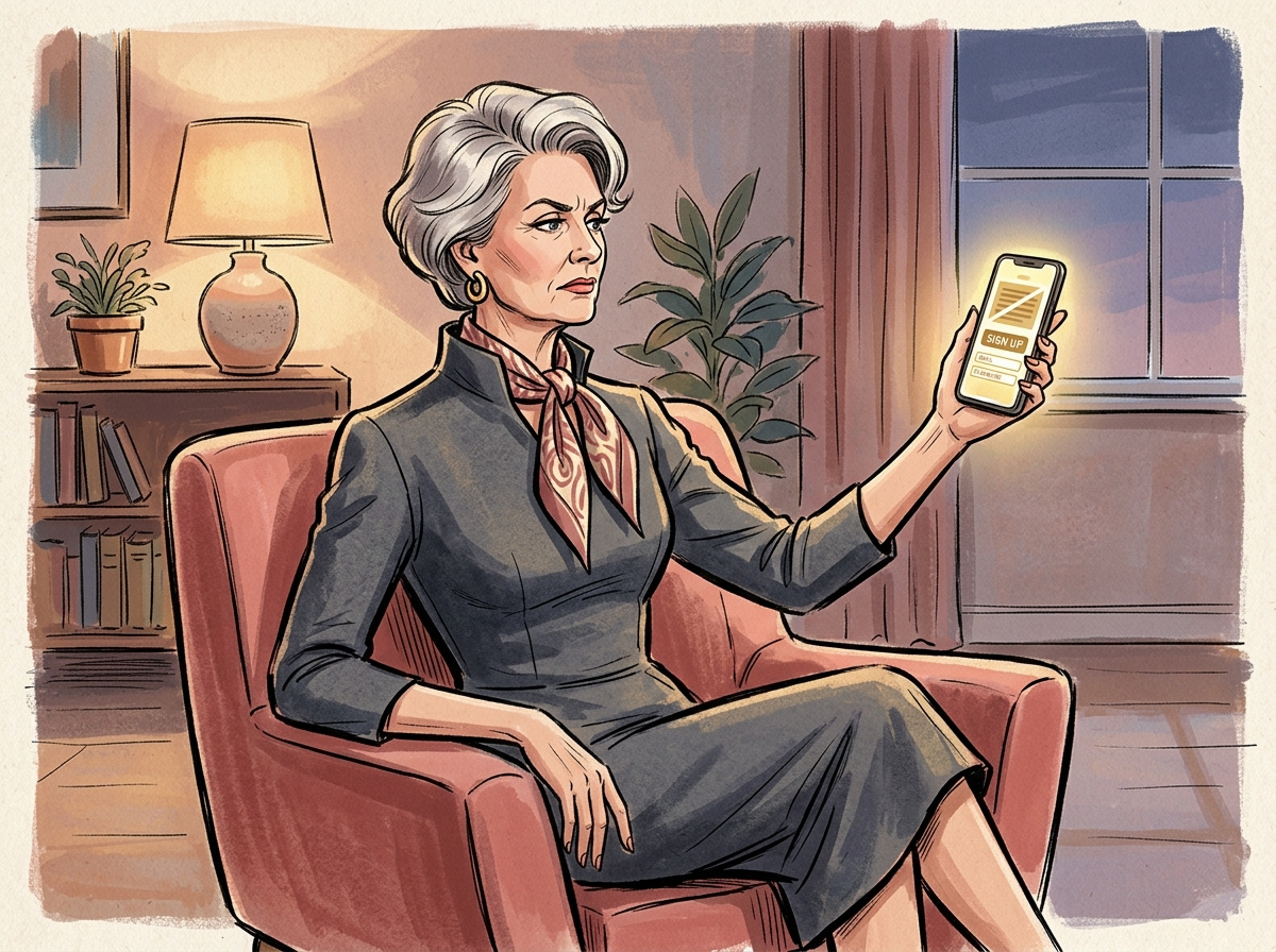 A retro illustration of an older woman holding her phone away in frustration at a mandatory sign-up screen
