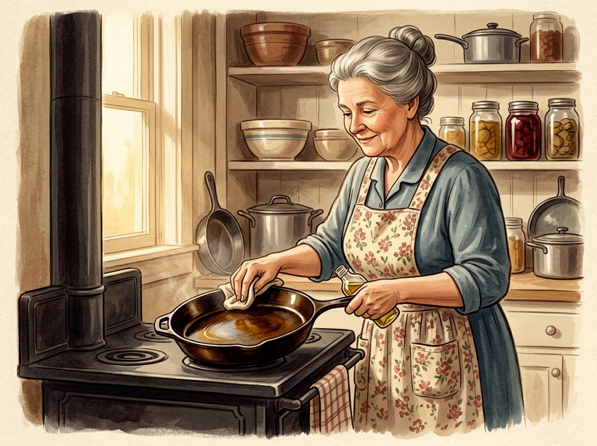 Vintage illustration of an older woman seasoning and caring for a cast-iron skillet on a farmhouse stove in a cozy kitchen.