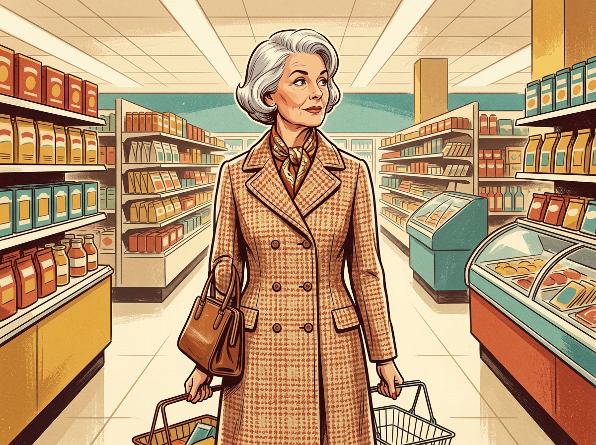 A retro illustration of an older woman standing alone in a store aisle looking around for a staff member to help her