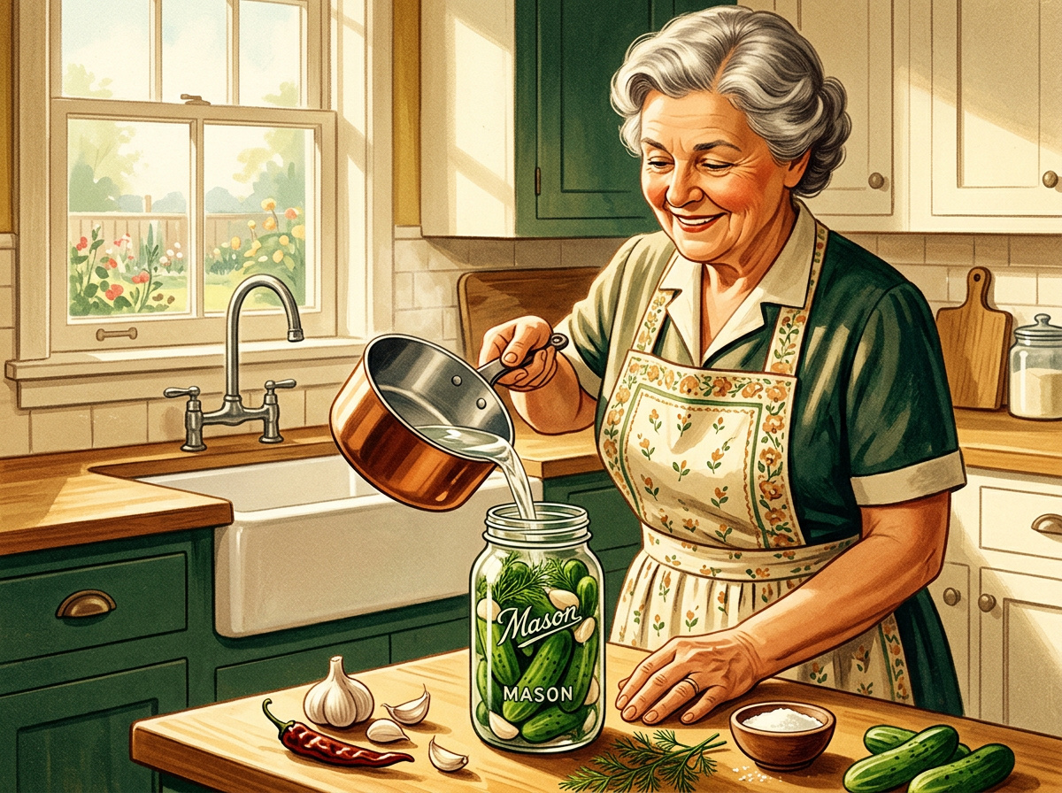 Vintage illustration of an older woman pouring homemade brine into a jar of cucumbers in a sunny farmhouse kitchen.