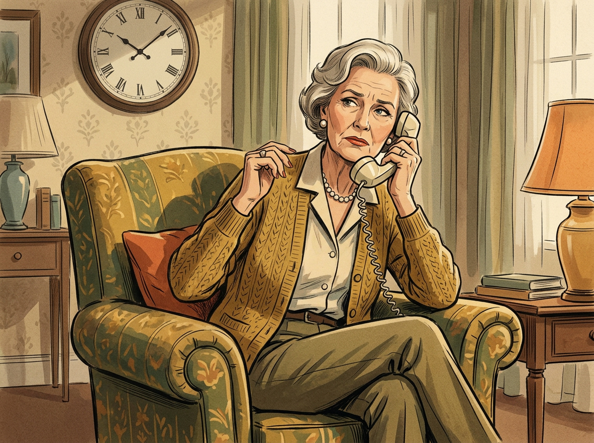 Retro illustration of an older woman sitting in an armchair holding a phone to her ear with a tired, exasperated expression, a clock visible on the wall behind her.