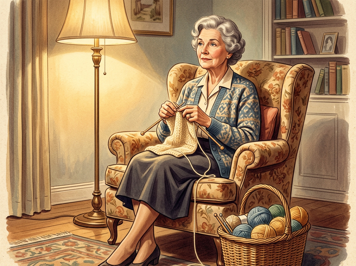 Vintage illustration of an older woman knitting from memory in a warm armchair by lamplight.