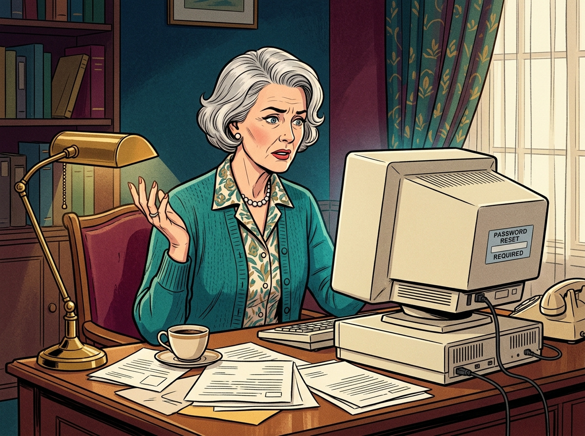 Retro illustration of an older woman at a desk looking at a computer screen with a frustrated and disbelieving expression, warm lamp light, coffee cup nearby.