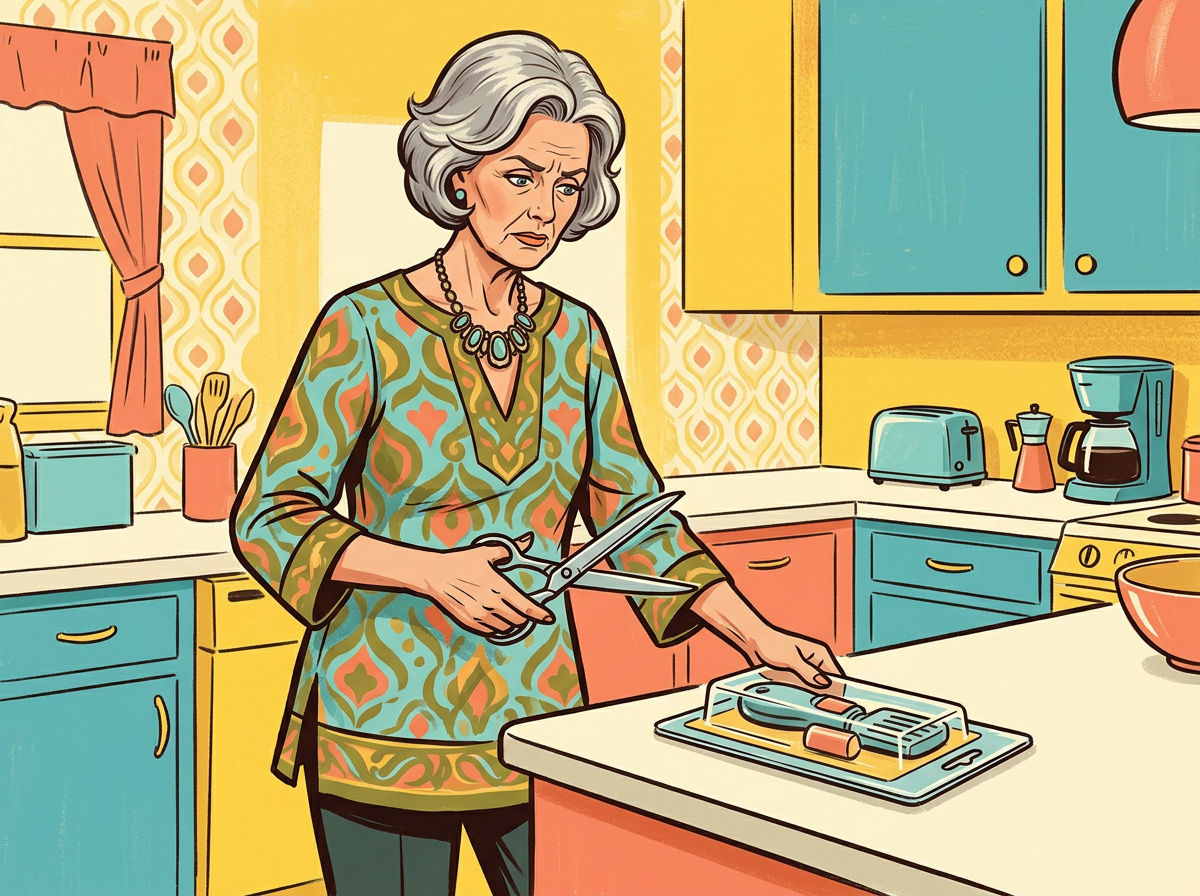Retro illustration of an older woman in a kitchen holding scissors and staring down at a stubbornly sealed plastic package with an expression of disbelief and exasperation.