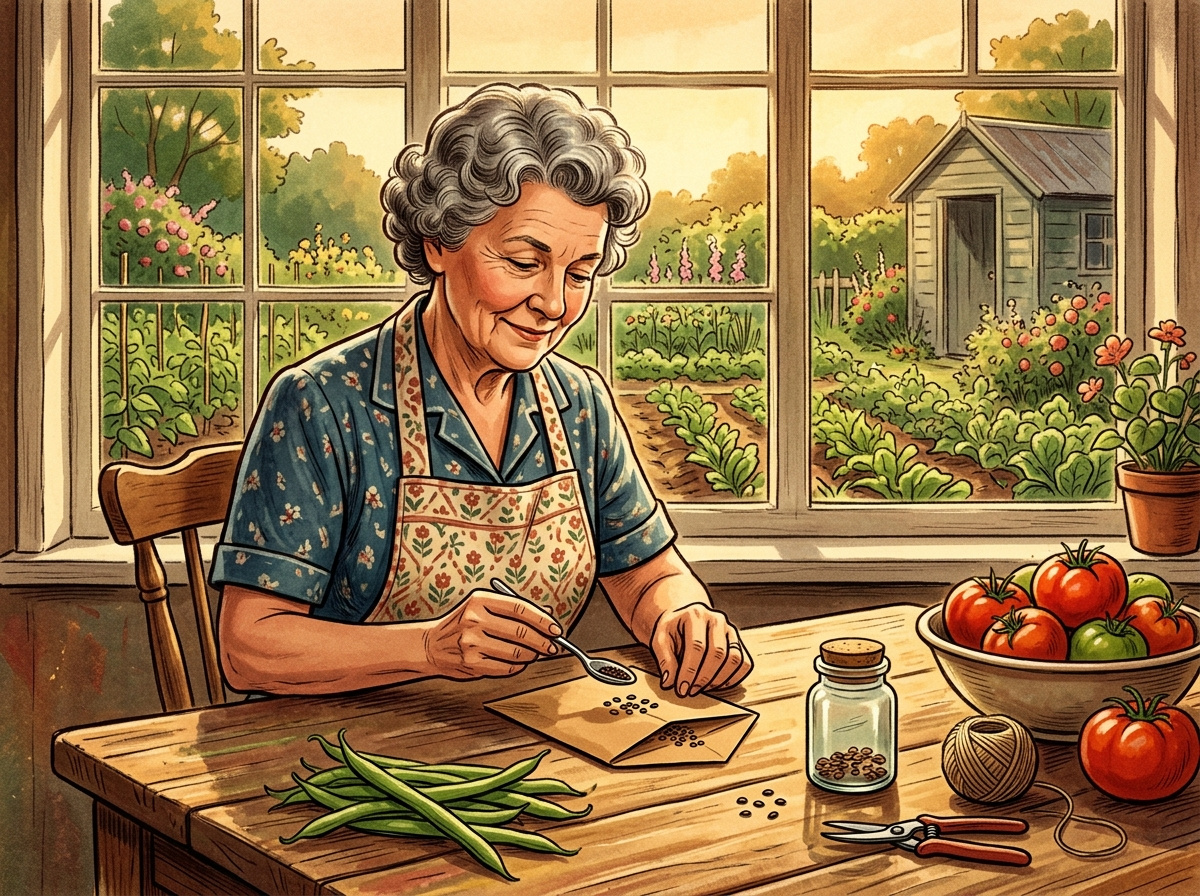 Vintage illustration of an older woman carefully saving and labeling garden seeds at a sunny wooden table.