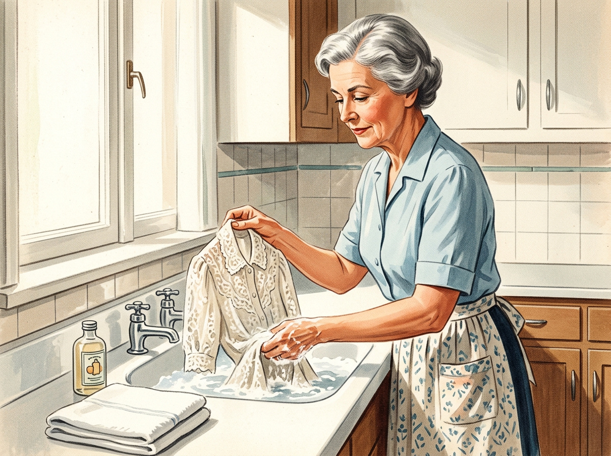 Vintage illustration of an older woman hand-washing a delicate blouse in a white porcelain basin.