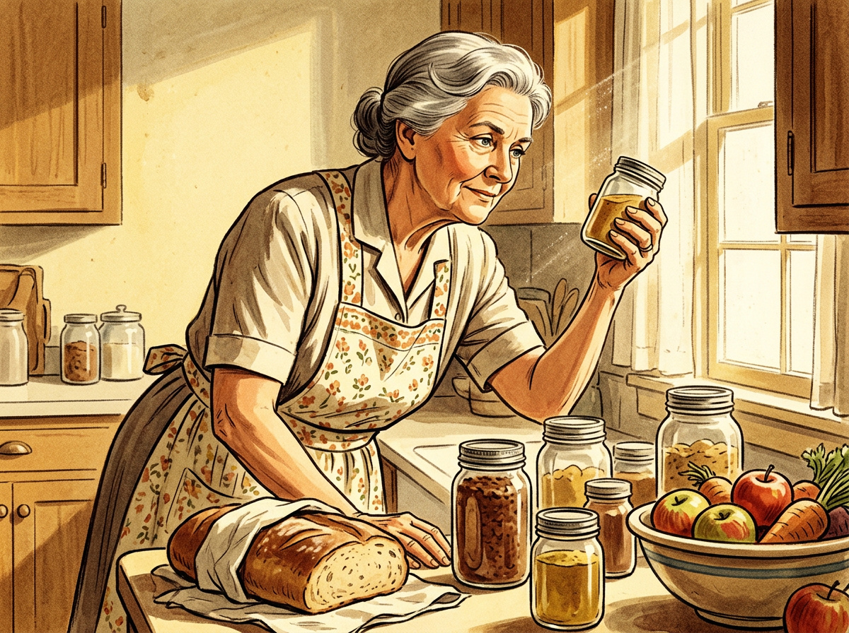 Vintage illustration of an older woman carefully inspecting a jar of food in a bright kitchen.