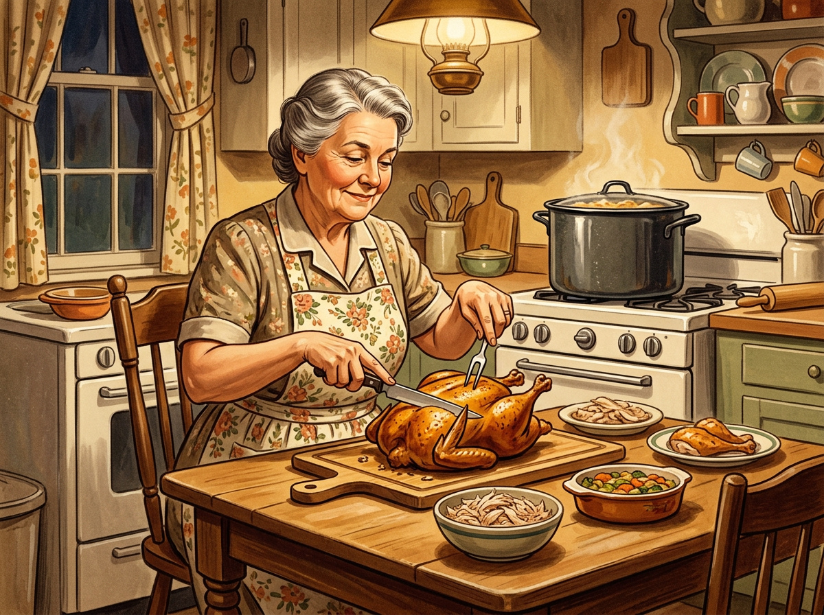Vintage illustration of an older woman carving a roasted chicken at a farmhouse kitchen table with a stockpot simmering behind her.