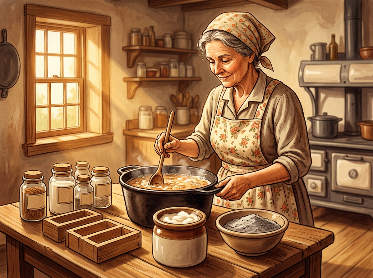 Vintage illustration of an older woman making homemade soap from ash and fat at a farmhouse worktable