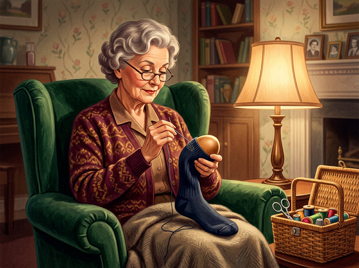 Older woman darning a wool sock over a wooden darning egg in a warm, lamp-lit armchair in a vintage illustration style.