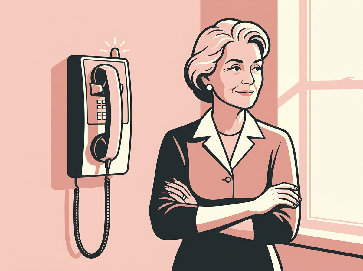 Retro illustration of an older woman standing next to a ringing phone, arms crossed, choosing not to answer it.