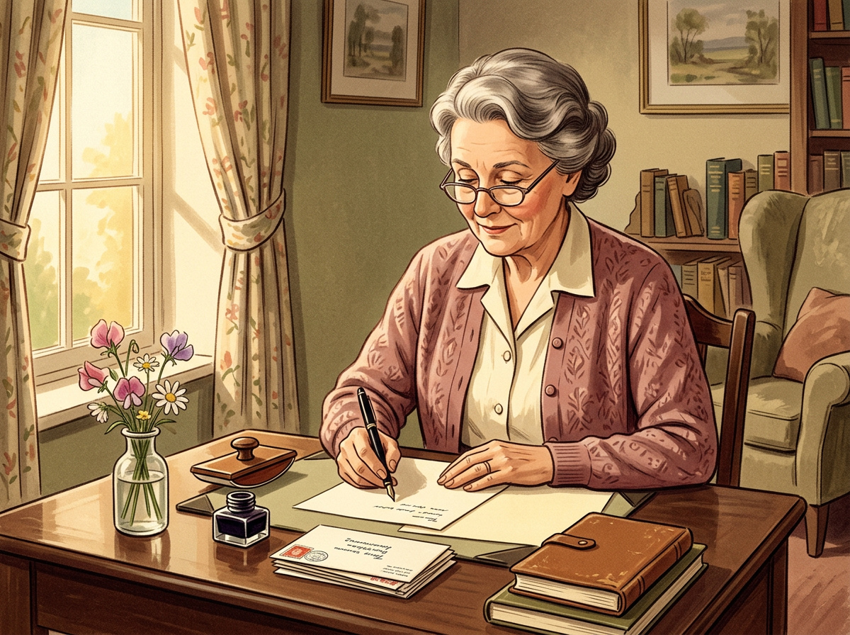 Vintage illustration of an older woman writing a heartfelt handwritten letter at a sunlit desk