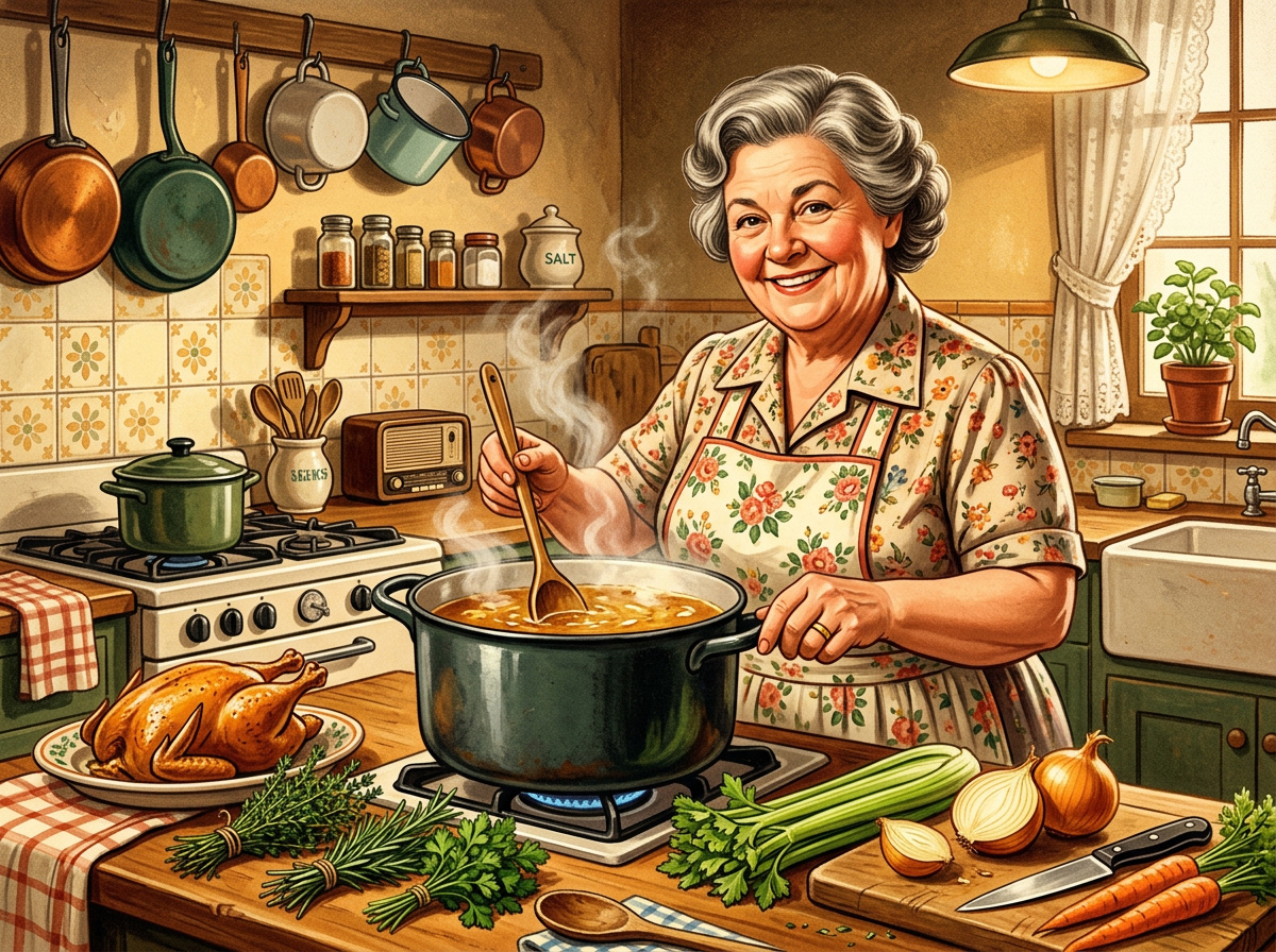 Older woman stirring a pot of homemade broth on a vintage stovetop surrounded by vegetables and herbs in a warm illustrated kitchen.