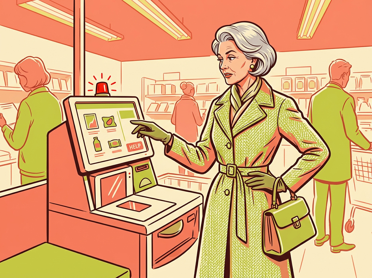 Retro illustration of an older woman at a self-checkout kiosk with an error light blinking, looking unimpressed.