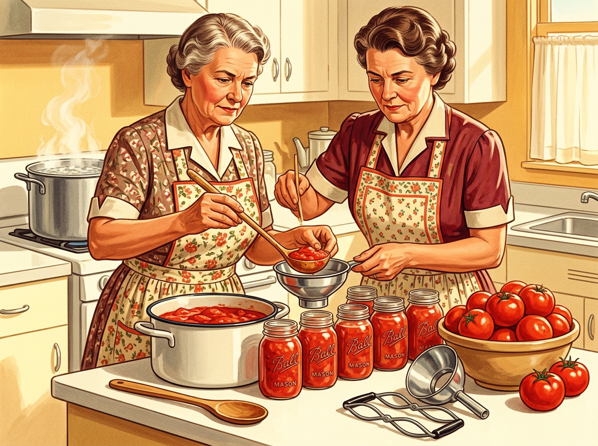 Older woman canning fresh tomatoes into mason jars on a bright kitchen counter in a warm vintage illustration style.