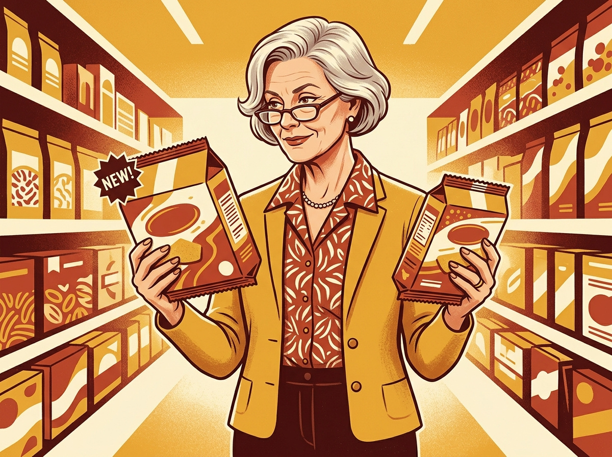 Retro illustration of an older woman in a grocery store comparing two product packages of different sizes with a knowing look.