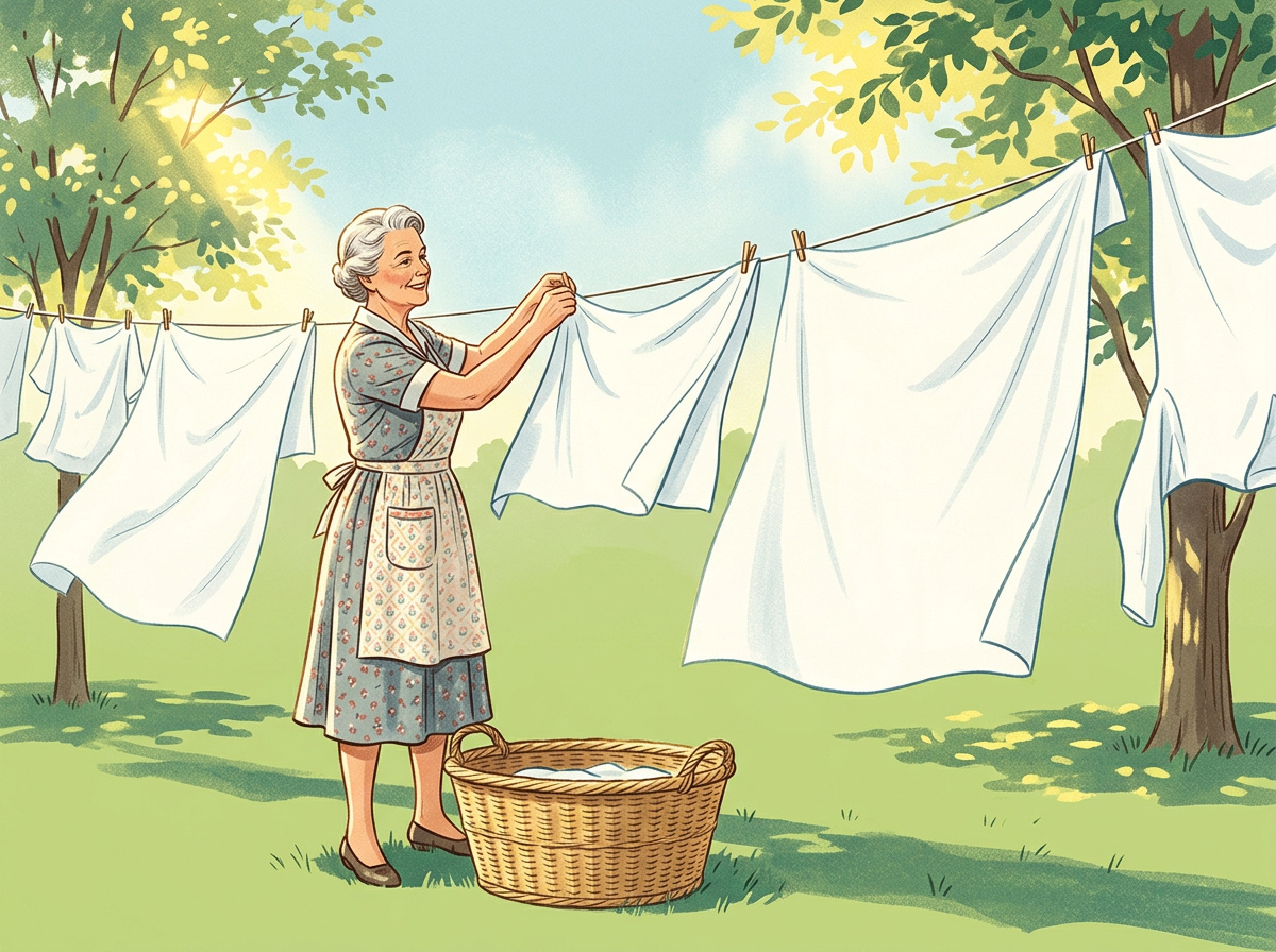Older woman hanging freshly washed laundry on an outdoor clothesline on a sunny morning in a vintage illustration style.