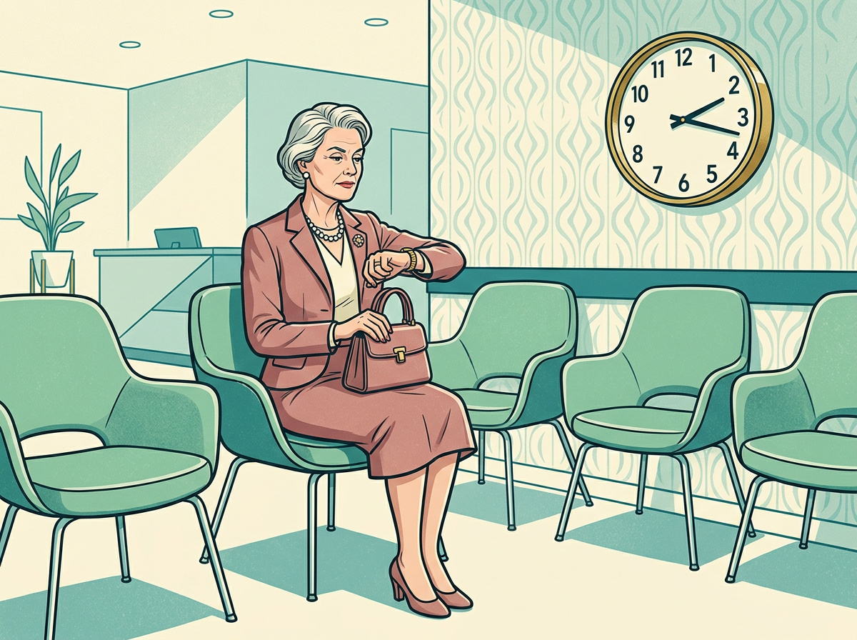 Retro illustration of an older woman in a doctor's waiting room checking her watch with a pointed expression.