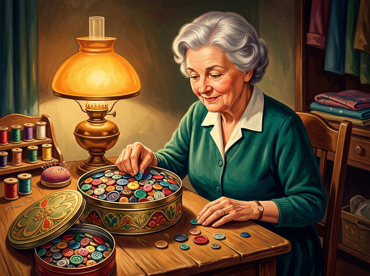 Older woman sorting through a large tin of colorful vintage buttons at a wooden table in a warm, cozy sewing room illustration.