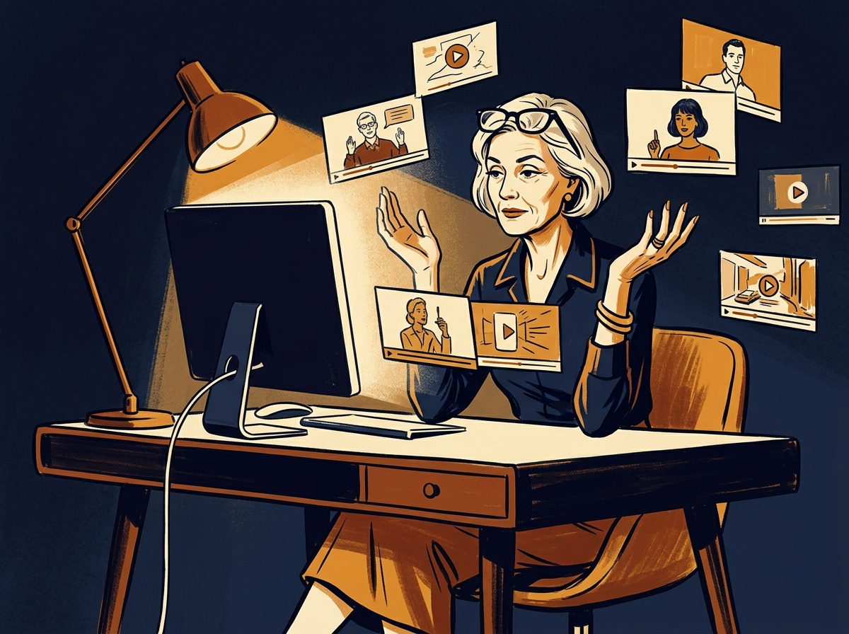 Retro illustration of an older woman at a computer reacting with exasperation as multiple auto-play videos launch on screen.