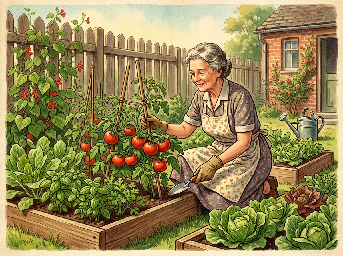 Vintage illustration of an older woman harvesting vegetables from a small but productive kitchen garden in a compact backyard.