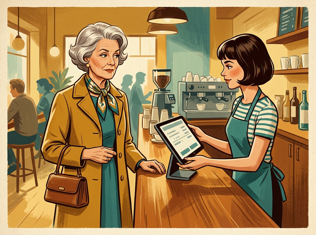 A retro illustration of an older woman looking skeptically at a tip prompt screen at a cafe counter