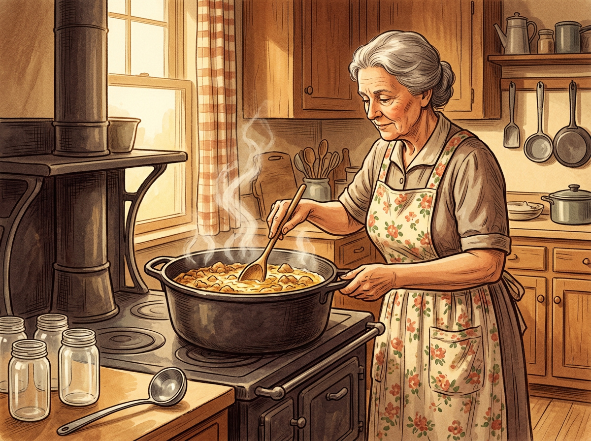 Vintage illustration of an older woman rendering lard in a large pot on a farmhouse stove with glass jars waiting on the counter.