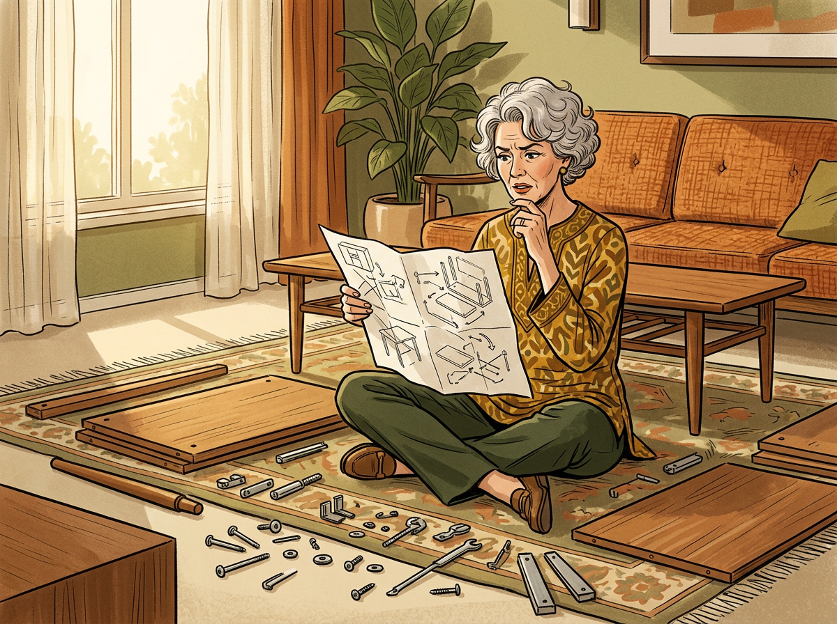 A retro illustration of an older woman surrounded by flat-pack furniture parts and a confusing instruction sheet