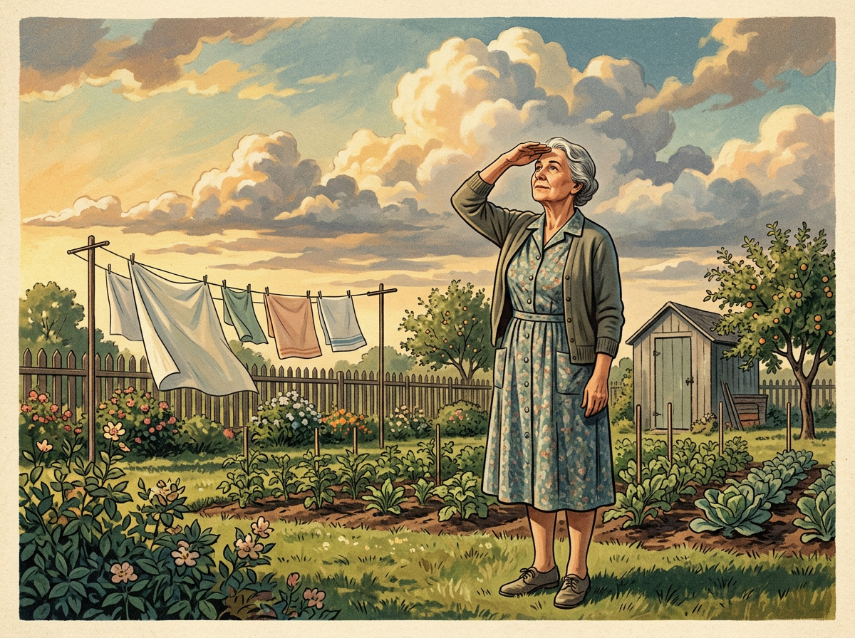 Vintage illustration of an older woman looking up at a changing sky from her backyard, assessing weather before starting outdoor work.