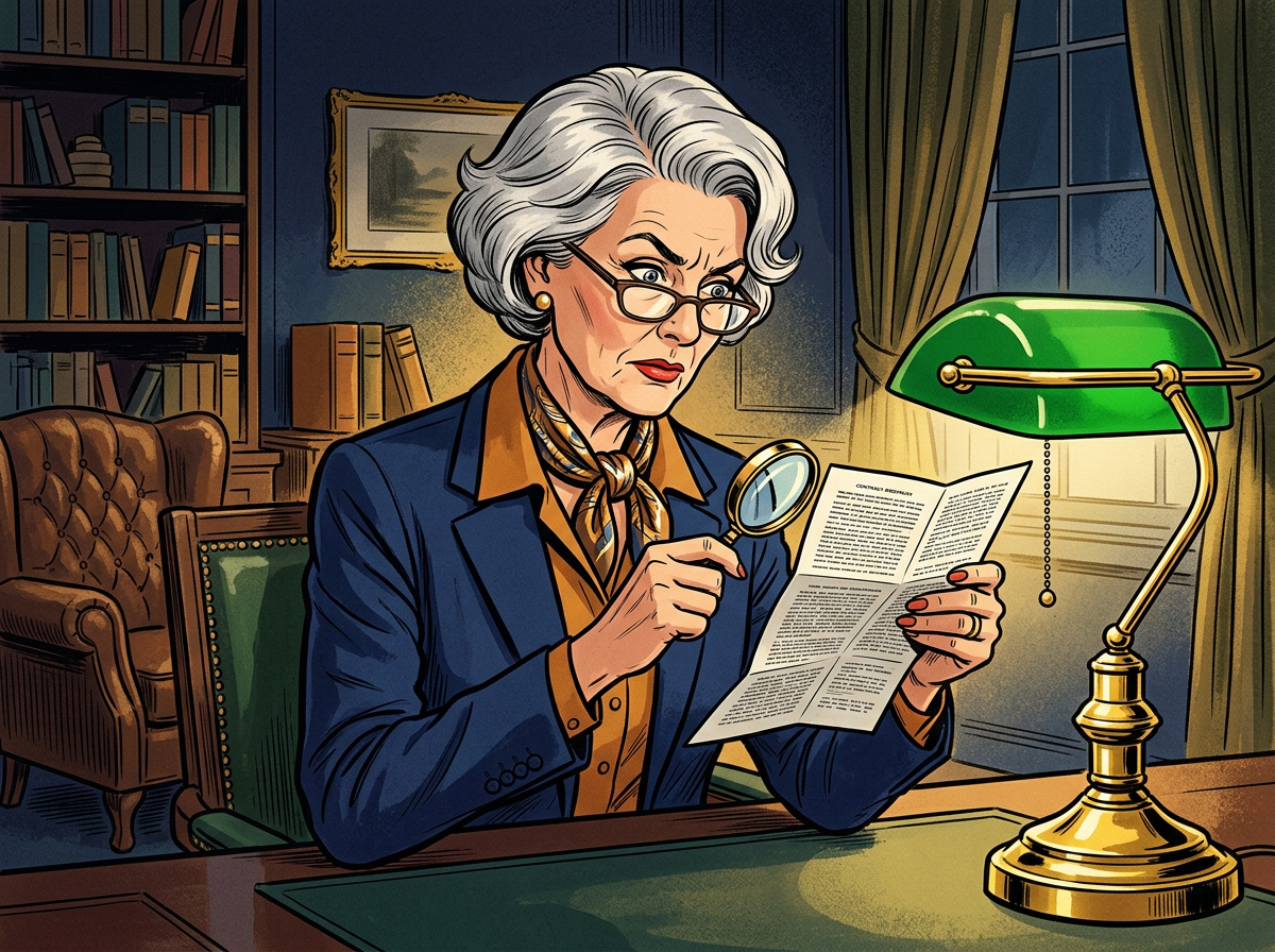 A retro illustration of an older woman squinting to read extremely fine print on a document